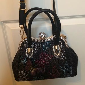Rhinestone butterfly handbag with gold detail